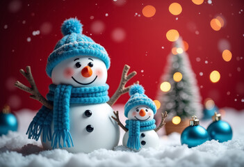 Two decorative snowmen and Christmas balls on snow with red background.
