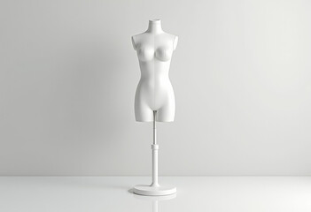 Female mannequin on light grey background.