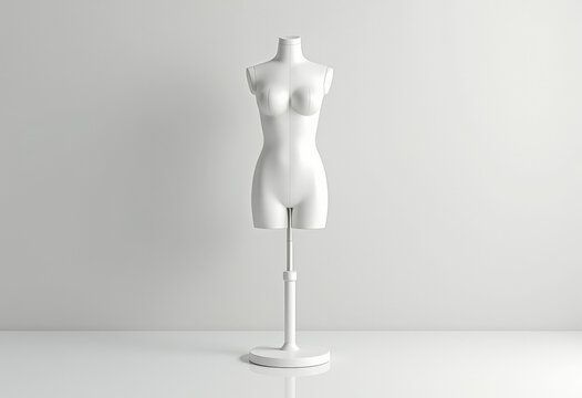 3D render of a white female mannequin or dress form on a stand, isolated on a white background. Minimalist female torso dummy for fashion design, tailoring, clothing display.