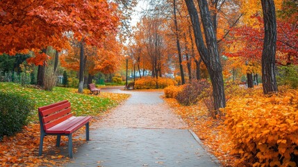 Naklejka premium An autumn park with benches and pathways surrounded by trees in full fall color, ideal as a scenic background