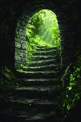 Stone Archway Leading to Sunlit Steps in a Lush Forest