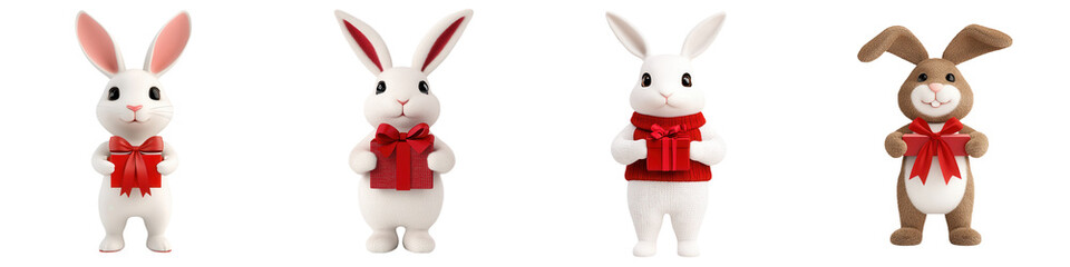 Obraz premium Four cute rabbits wearing red bows, perfect for Easter or spring-themed decorations, evokes joy and celebration. isolated on a transparent background
