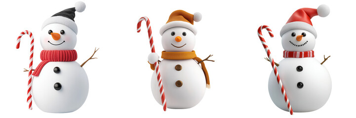 Playful snowmen with festive hats and candy canes, perfect for holiday decorations and winter celebrations. isolated on a transparent background