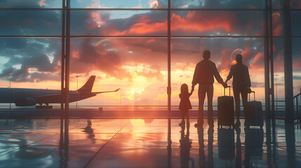 Family at the Airport Watching a Plane Take Off for a Journey