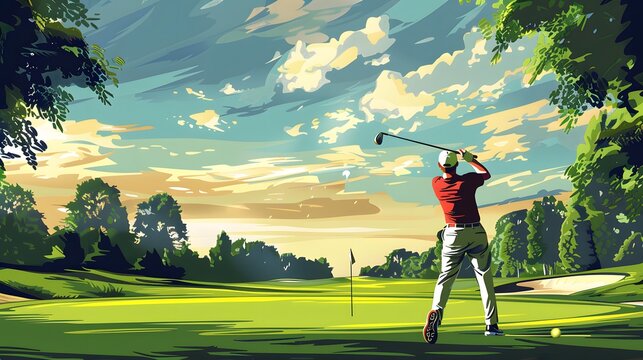 A golfer swinging at a course near Paris, illustrated in a refined vector art style.