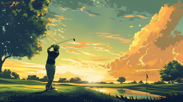 A golfer swinging at a course near Paris, illustrated in a refined vector art style.
