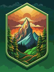 Mountain Landscape with Sunset and Pine Trees
