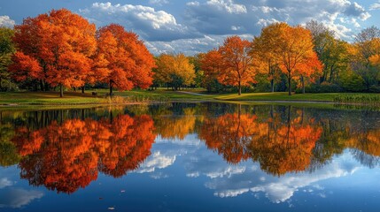 Fall colors reflected in a park pond, with the trees' vibrant leaves creating a mirror image on the still water