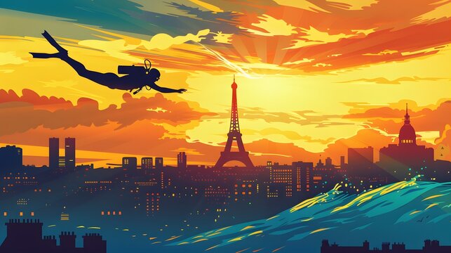 A diver mid-dive with the Paris skyline in the background, depicted in sleek vector design.