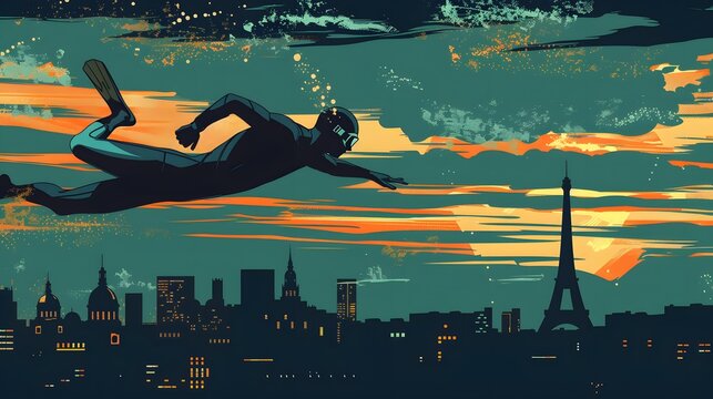 A diver mid-dive with the Paris skyline in the background, depicted in sleek vector design.