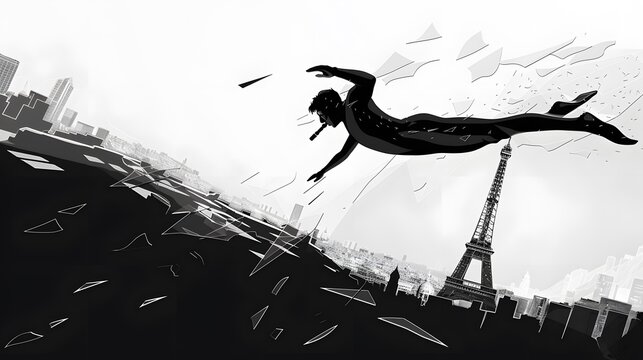 A diver mid-dive with the Paris skyline in the background, depicted in sleek vector design.