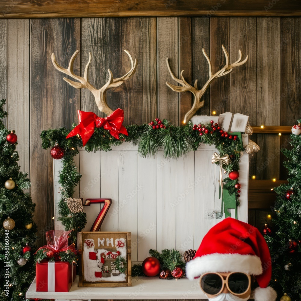 Poster A festive Christmas scene with a white wooden backdrop, decorated with antlers, garland, ornaments, and a Santa hat.