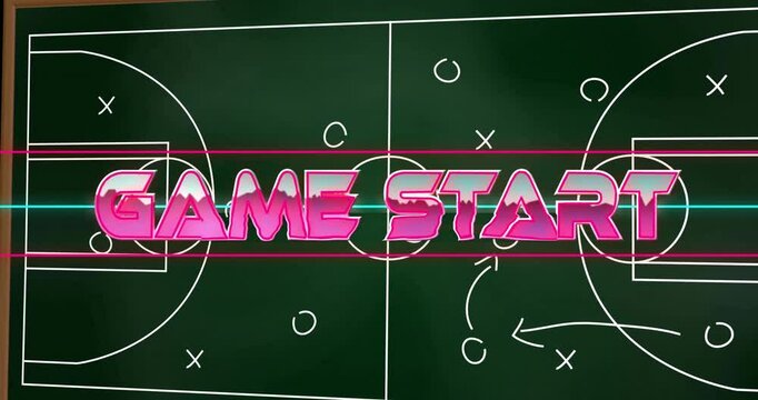 Game start text animation over chalkboard with sports strategy diagram