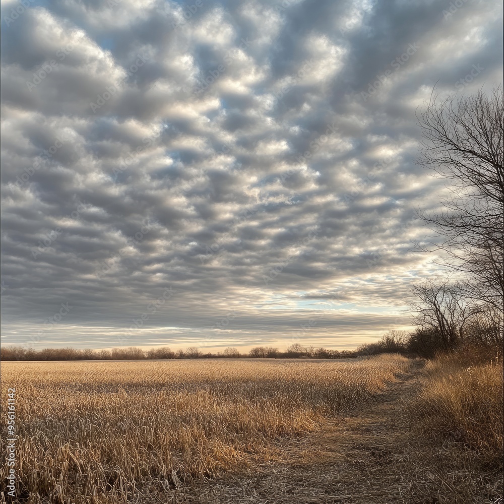 Sticker A field of dry corn stalks under a cloudy sky with a dirt path leading into the field.