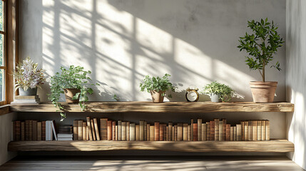 Neatly stacked books on a wooden shelf with soft lighting
