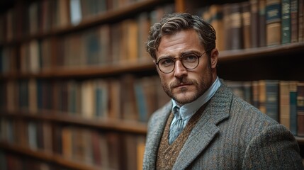 Fototapeta premium Man in Glasses Standing in Front of Bookshelf