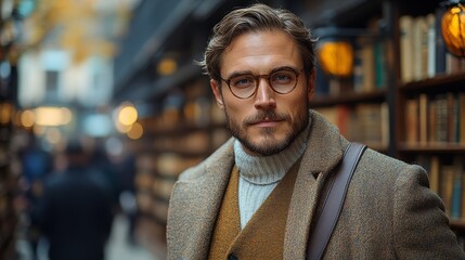 Obraz premium Handsome Man in Glasses and Tweed Coat Looking at Camera in Bookstore
