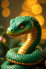 Close-up of a green snake with yellow spots, coiled on a Christmas tree branch.