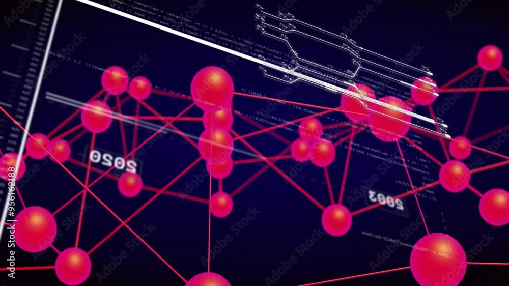 Poster red spheres connected by lines, network data processing animation over dark background