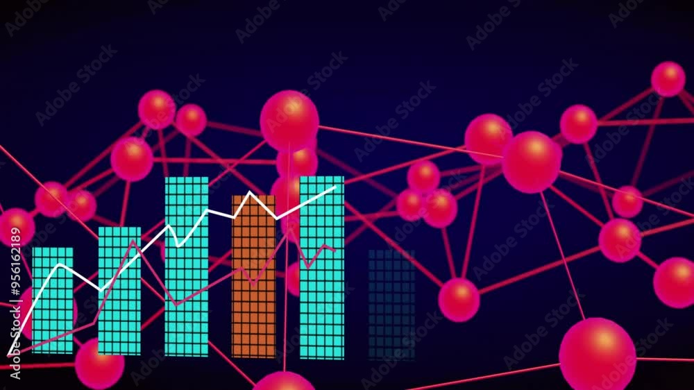 Poster network connections and data analysis animation over colorful bar graphs and nodes