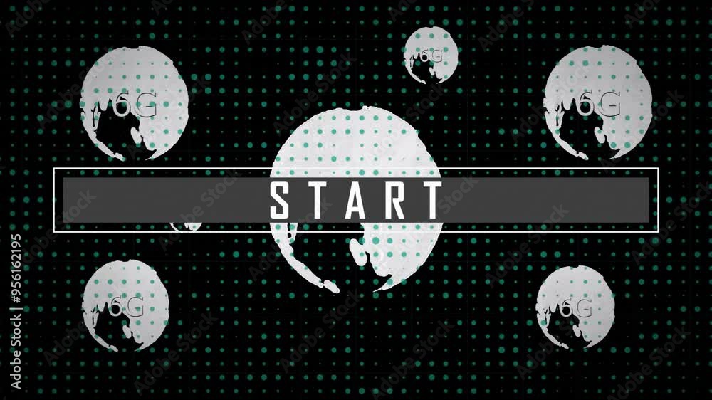 Poster start text animation over multiple rotating globes with dotted background