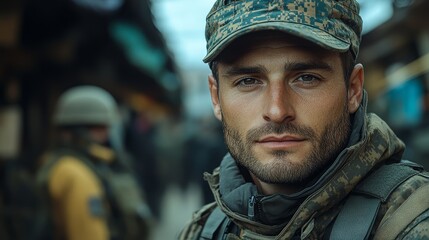 Fototapeta premium Portrait of a Soldier in Camouflage Uniform