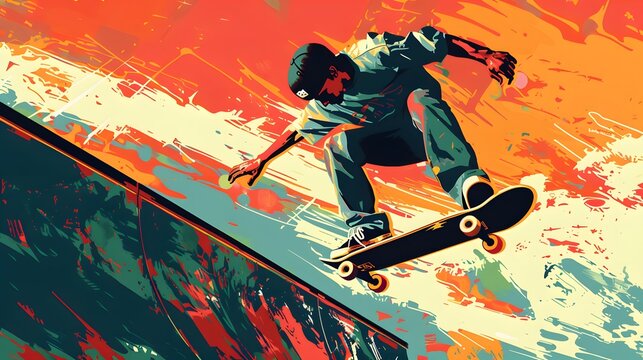 A skateboarder mid-trick at a Paris skate park, captured in vibrant vector style.