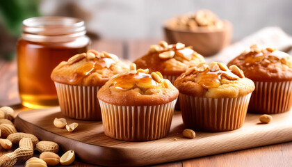 Peanut Muffins: Fluffy peanut muffins with a drizzle of honey, presented on a wooden board