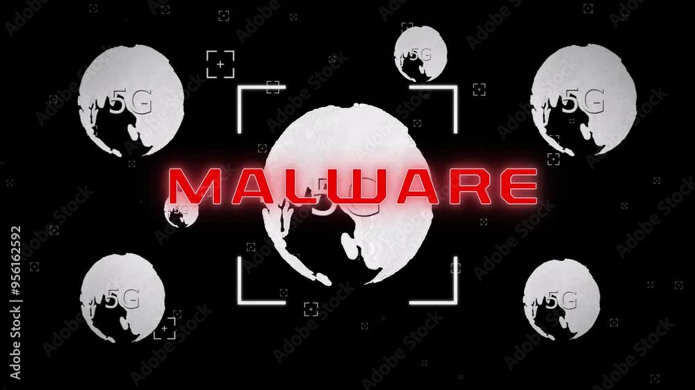 Poster malware text animation over multiple globe icons on black background
