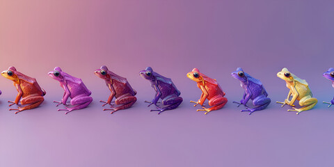 frogs with different colors and patterns, arranged in a row and fading from left to right.