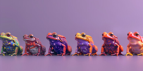frogs with different colors and patterns, arranged in a row and fading from left to right.