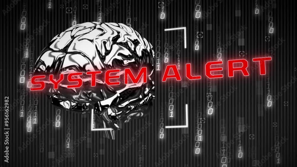 Aufkleber system alert text animation over digital brain and binary code background
