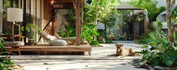 Calm dog relaxing in a modern tropical outdoor space.