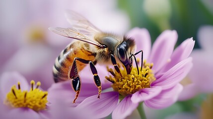 Buzzing Bees: Close-Up Pollination with Vibrant Flowers in Garden | Medium Shot Clear Light Realistic 8K Photo with Copy Space