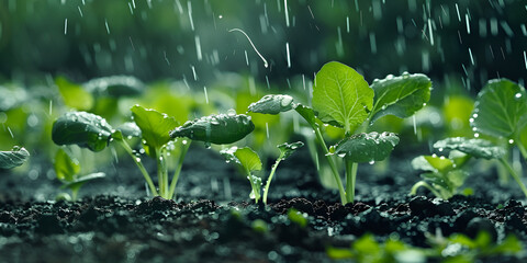  blurred background reveals a gloomy rainy day. The trees and bushes in the foreground are dotted with raindrops