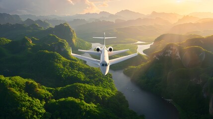 Fototapeta premium Elegance in Transit: Private Jet Soaring Above Breathtaking Landscape