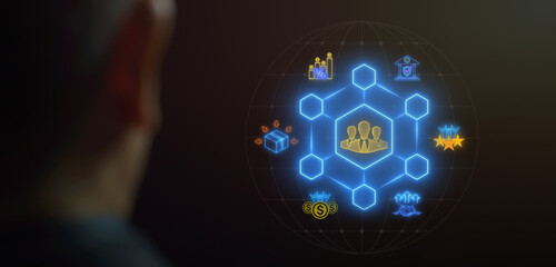Stakeholders concept for business finance stakeholder investment management. Different stakeholders contact collaboration for company organization. Neon line of stakeholders icon on virtual screen.
