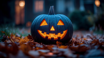 Halloween pumpkin glowing on an autumn night