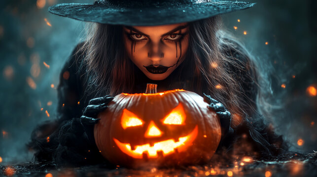 A woman in a witch costume holding a pumpkin. The pumpkin has a smiley face on it