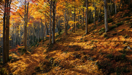 Obraz premium 紅葉の景色に連なる山々。見晴らしの良い紅葉の森の全景。A series of mountains in a landscape of autumn leaves. A panoramic view of the autumn leaves forest.