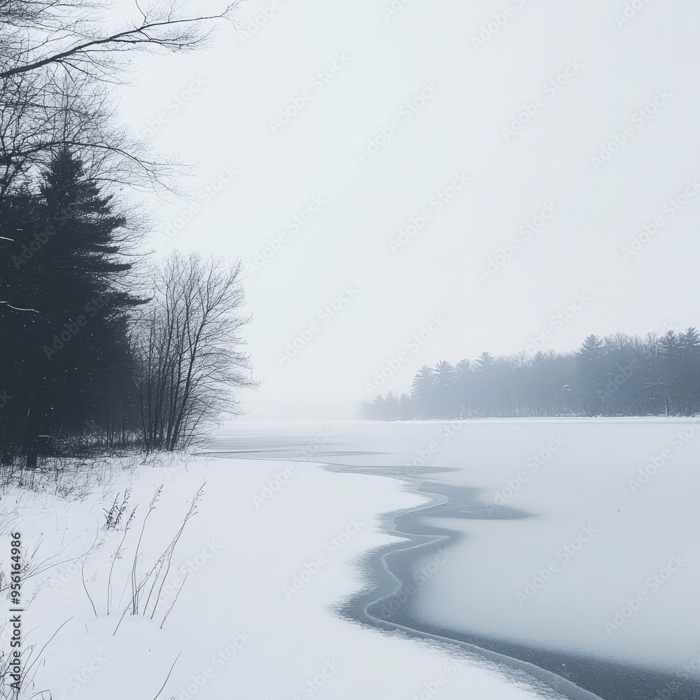 Poster A frozen lake with snow-covered banks and a line of trees in the distance.