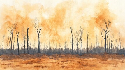 Fototapeta premium Desolate Beauty: Watercolor Illustration of Deforestation, Barren Land with Cut Down Trees