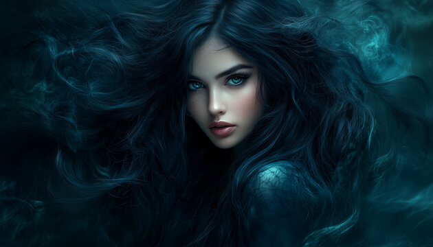 Portrait of a beautiful brunette with blue eyes. fantasy