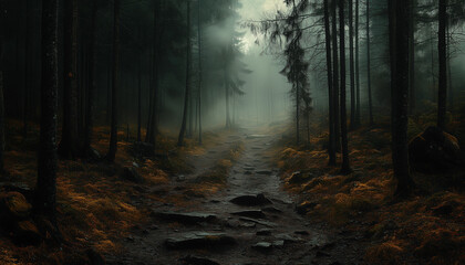 Naklejka premium Fantastic forest in the fog