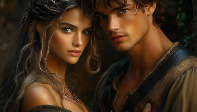 Couple boy and girl in medieval clothes. fantasy