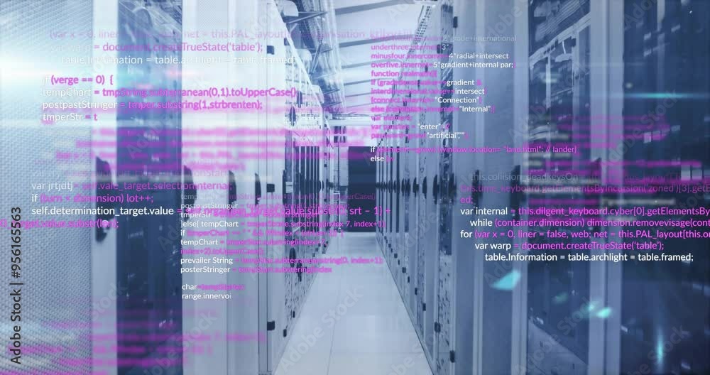 Poster computer code animation over data servers in modern data center
