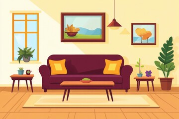 Cozy Living Room with Sofa, Plants, and Artwork