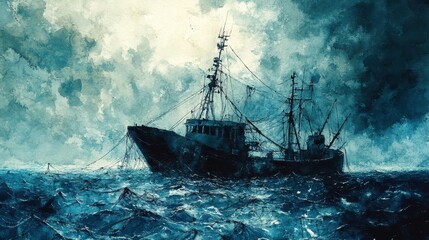 Obraz premium Ghostly Waters: A Watercolor Depiction of Overfishing Consequences with Abandoned Nets in Empty Ocean