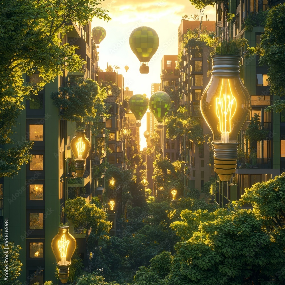 Poster A futuristic city with glowing light bulbs hanging from buildings and hot air balloons flying overhead, surrounded by lush greenery and bathed in the warm glow of the setting sun.