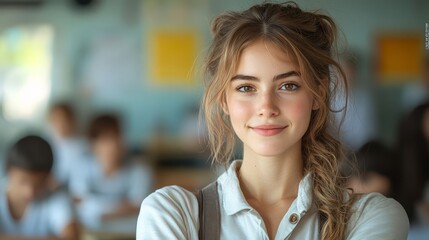 Obraz premium Portrait of a Beautiful Young Woman Smiling in a Classroom